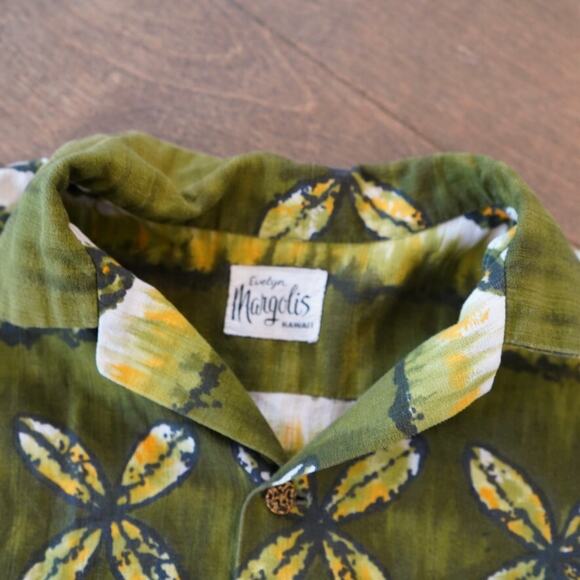 Vtg Evelyn Margolis Hawaiian Shirt Mens Green White Floral Collared Button Down - Picture 5 of 8